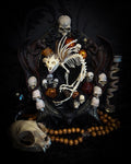 Handmade gothic wall decor — hand-assembled real bone dragon skeleton with turtle skull, hand-cast gothic frame with dragons and skull motifs, 25x20cm