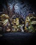 Silva triformis — handmade gothic forest triptych, real bones, moss, botanicals, rock crystals, ornate wooden frames, one of a kind, Morbid Oddities
