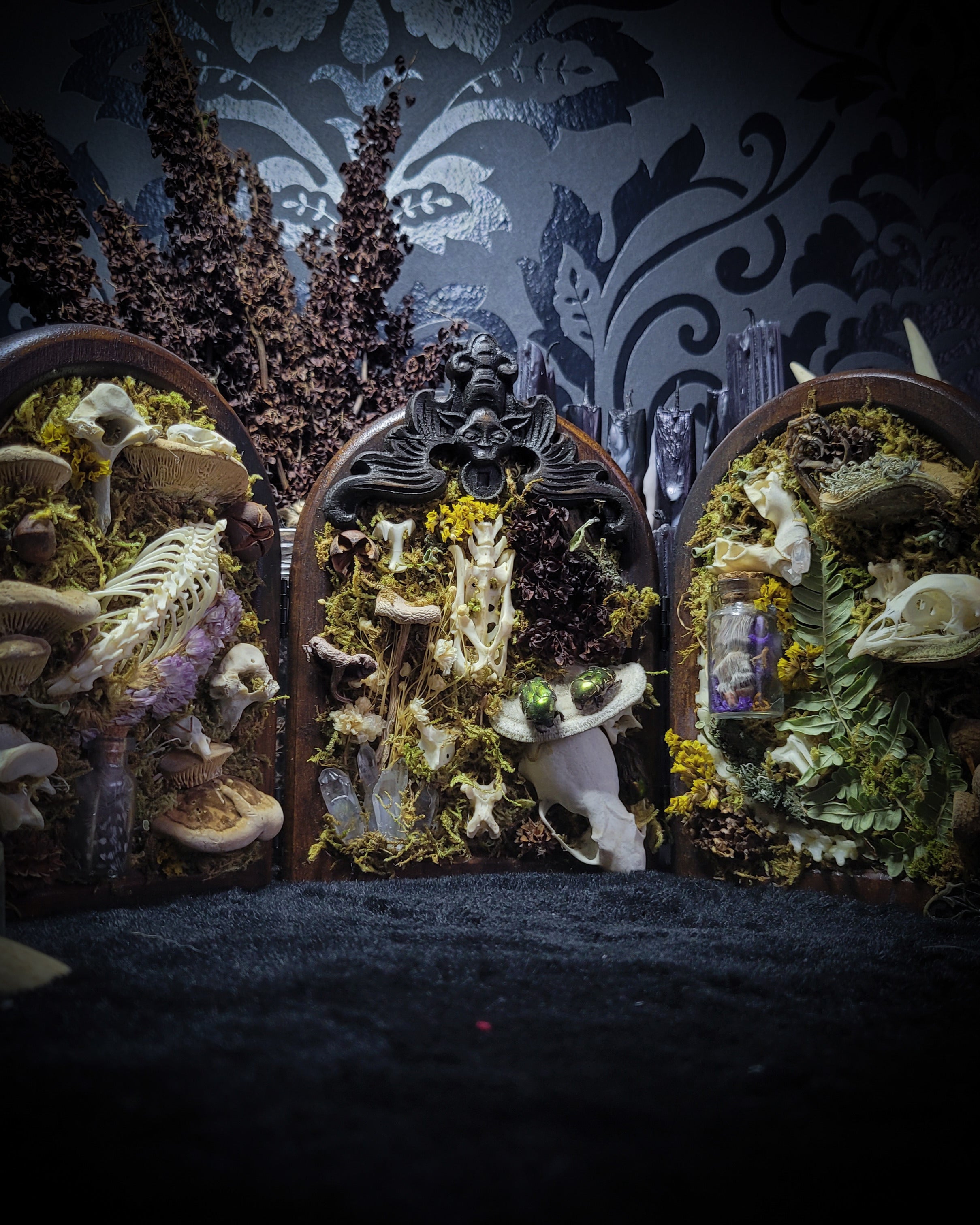 Silva triformis — handmade gothic forest triptych, real bones, moss, botanicals, rock crystals, ornate wooden frames, one of a kind, Morbid Oddities
