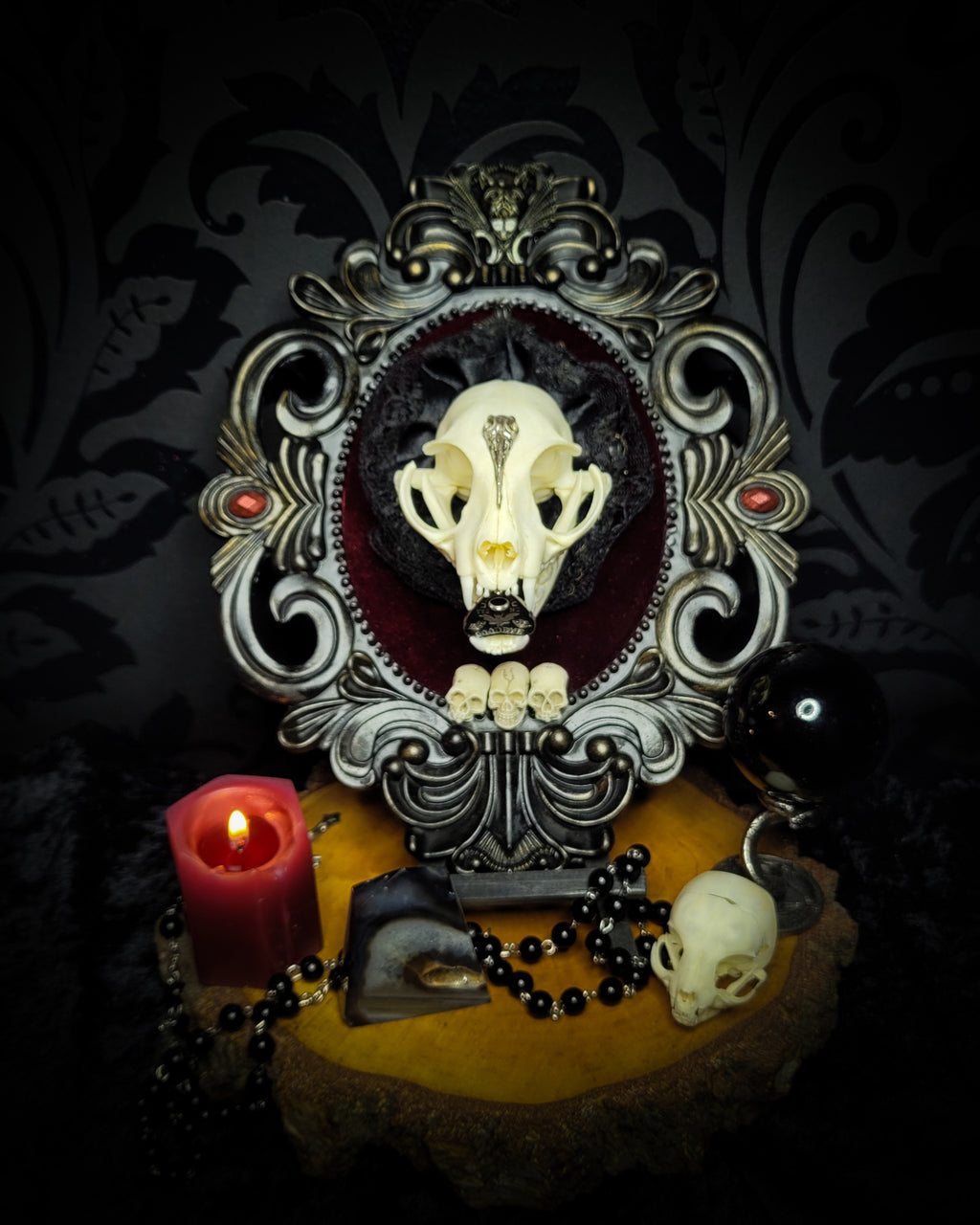 Gothic Kitten | Gothic — handmade gothic wall decor with real cat skull, Ouija planchette and baroque ornamental frame on deep red velvet, dark occult aesthetic, 24x20.5cm