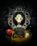 Gothic Kitten | Gothic — handmade gothic wall decor with real cat skull, Ouija planchette and baroque ornamental frame on deep red velvet, dark occult aesthetic, 24x20.5cm