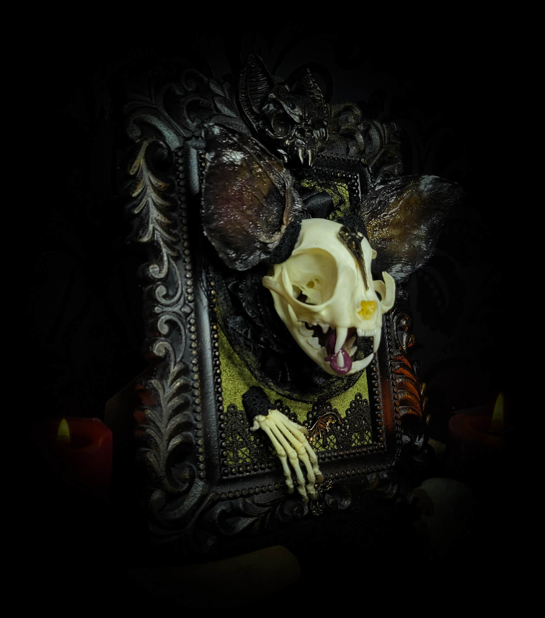 Bunny Kitten — handmade gothic shadowbox, made to order. Real cat skull with preserved bunny ears and paws, set on velvet background in ornate hand-finished frame with lace and decorative details. Dark whimsical collectible decor.