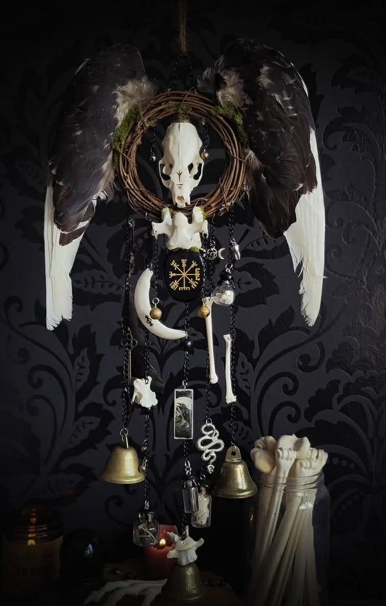 Witch Bell — handmade protective witch bells, made to order. Unique ritual charm with metal bells, bones and symbolic elements, designed for doorways, altars and ritual spaces. Handcrafted occult decor by Morbid Oddities