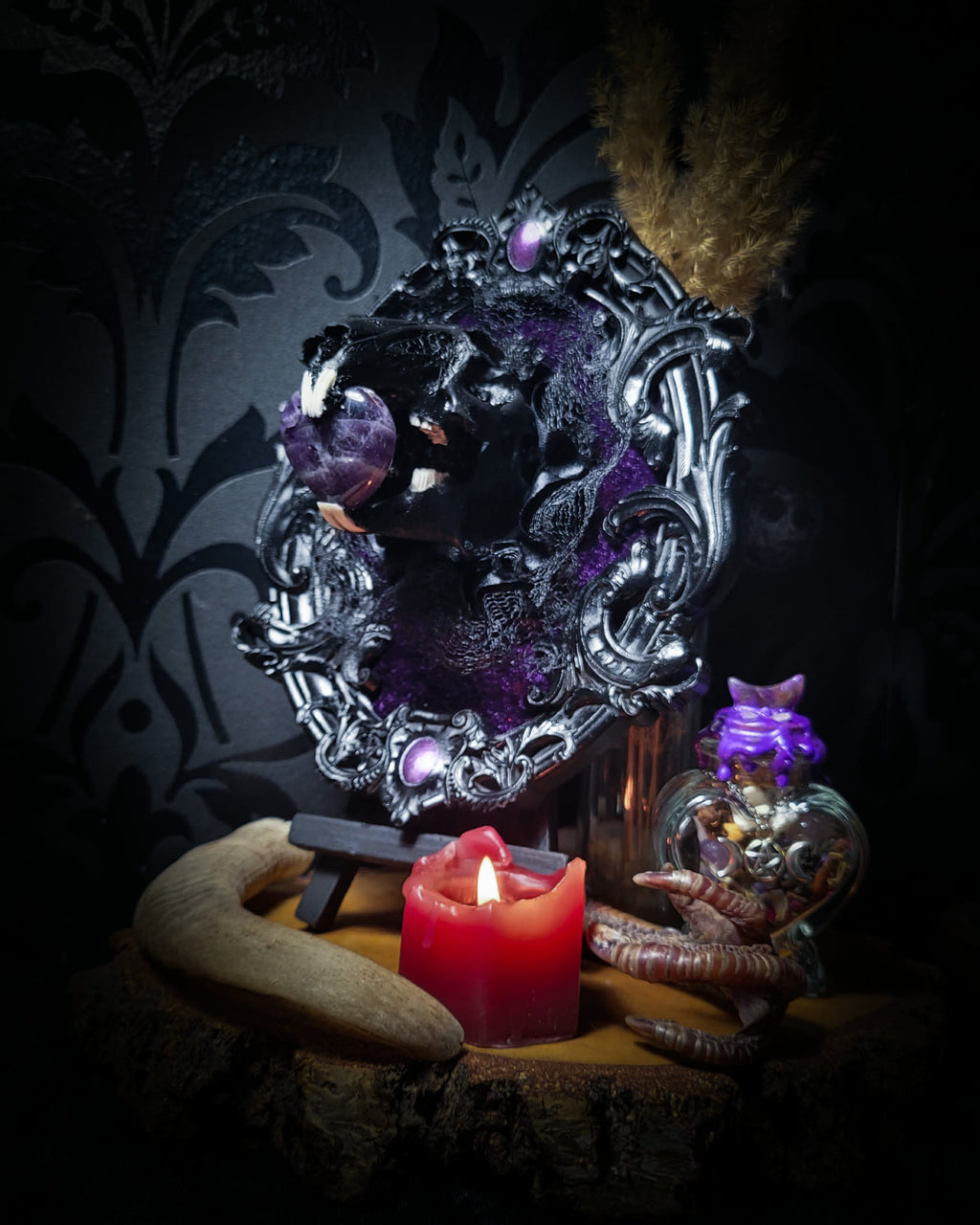 Handmade gothic shadowbox — black rabbit skull with amethyst heart, crushed purple velvet, ornate baroque frame, 19x15cm