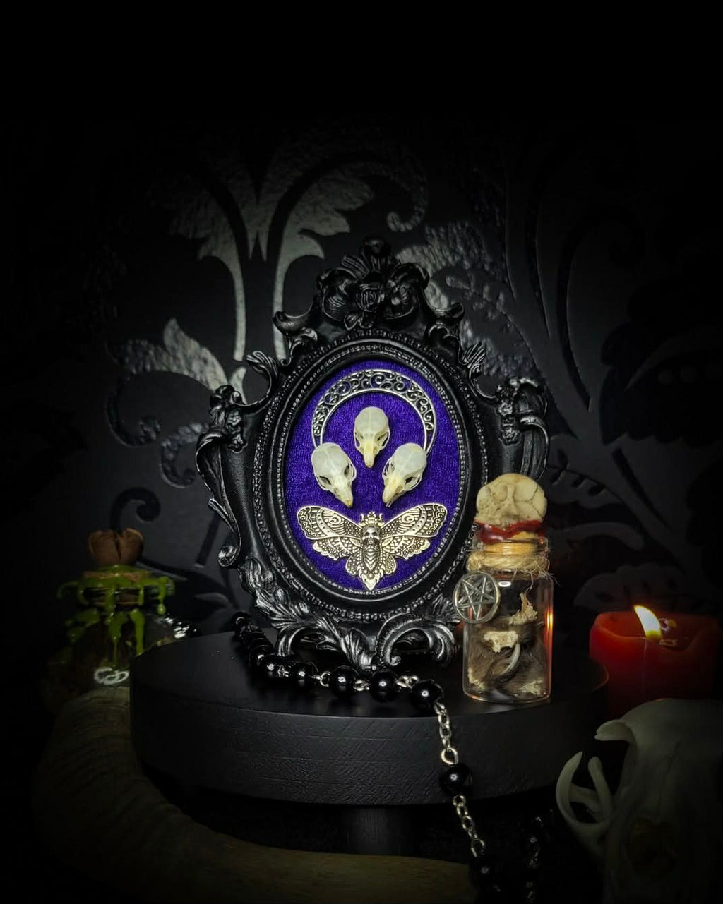 Mothica — handmade gothic shadowbox, made to order. Three real mouse skulls in ornate gothic frame on velvet background, with moth and moon ornament. Dark macabre wall decor, 13x10cm.