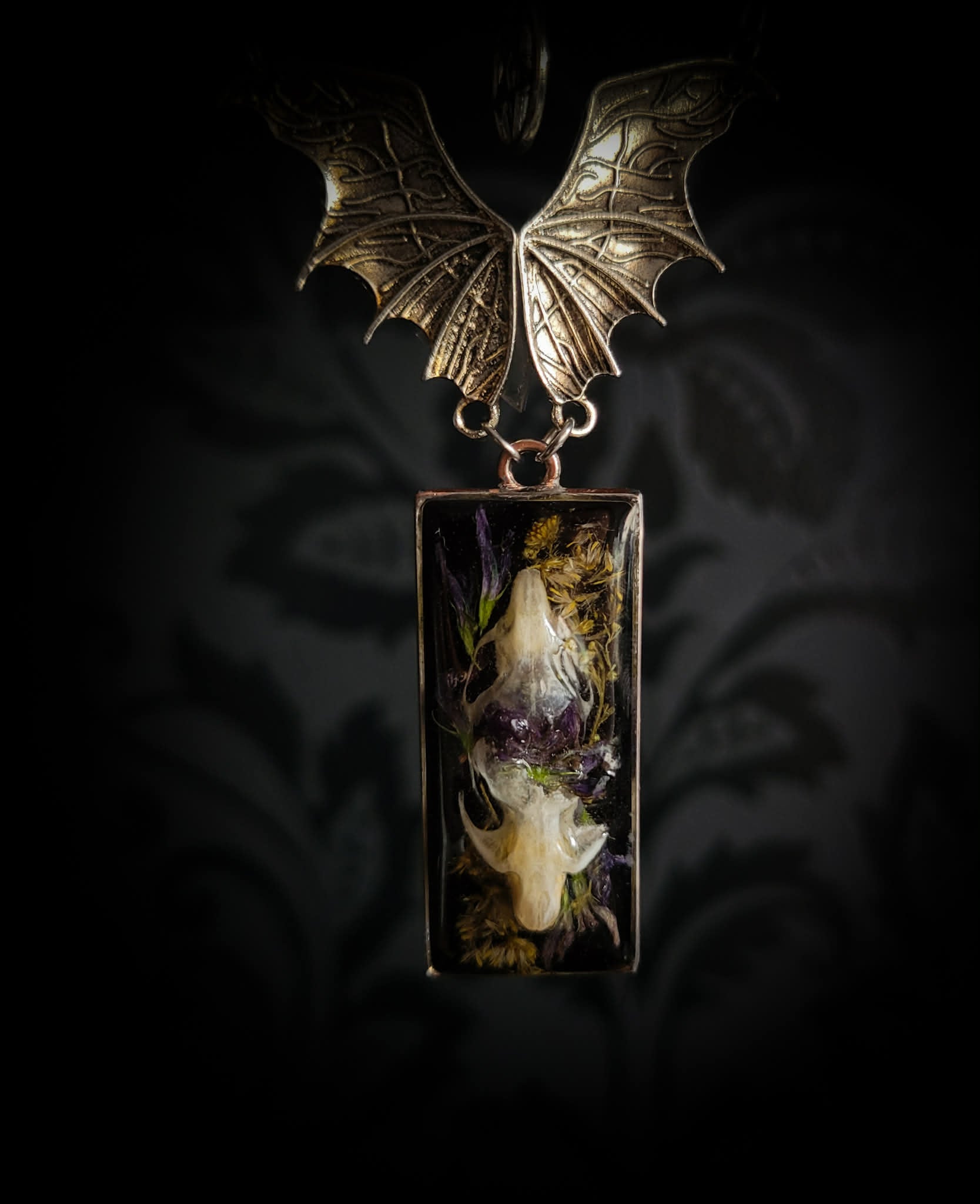 Handmade gothic necklace — real mouse skulls in resin pendant, dried flowers, bat connector, amethyst bead and pentagram charm