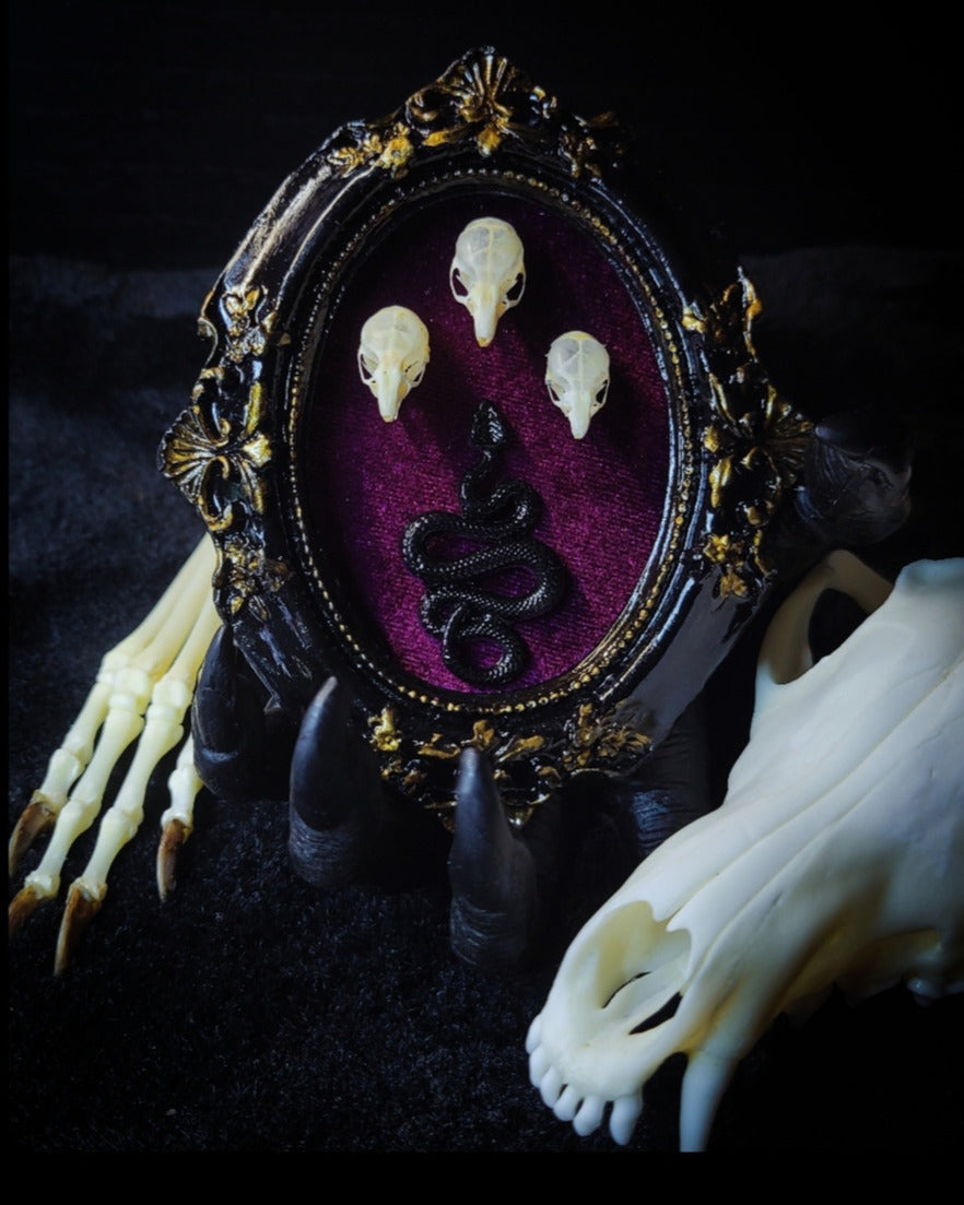 Decorative frame with skull designs and a snake on a dark background Handmade gothic wall frame featuring three real mouse skulls and a snake ornament, set against a dark velvet background. Ornate gothic frame, minimalist symmetrical composition with a dark ritual-inspired aesthetic. One-of-a-kind handcrafted piece, 12x10cm | Morbid Oddities