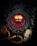 Handmade gothic shadowbox with conjoined skulls, ornate frame, black velvet lining — dark wall decor