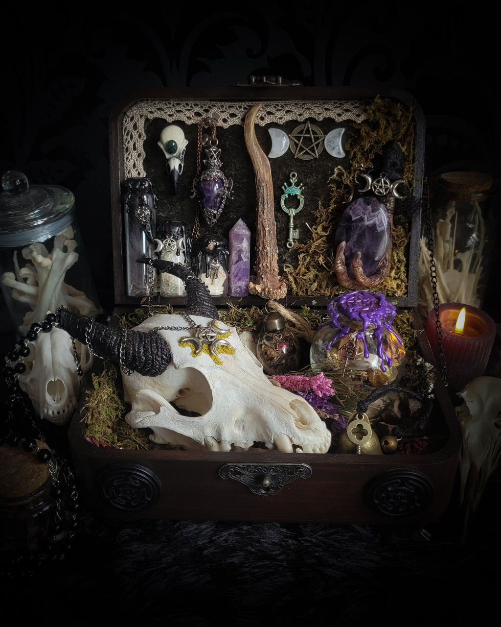 Deity Devotion Casket — handmade gothic deity altar casket, made to order. Fully custom devotional box with handcrafted wooden base, symbolic elements, spell jars, bones, crystals and ritual objects. Dark witchcraft commission by Morbid Oddities.