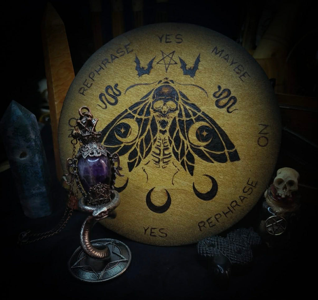 Handmade gothic pyrography pendulum board — moth sigil burned into natural wood, divination responses engraved, ritual tool, 16cm