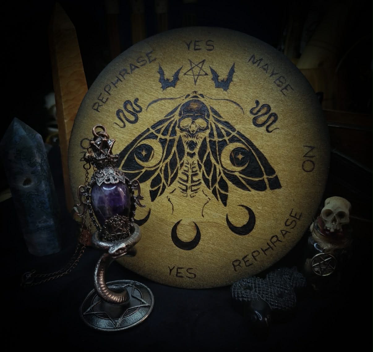Handmade gothic pyrography pendulum board — moth sigil burned into natural wood, divination responses engraved, ritual tool, 16cm