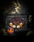 Handmade gothic shadowbox with real tarantula, silver heart frame, violet rose details, black lace and purple velvet | Morbid Oddities