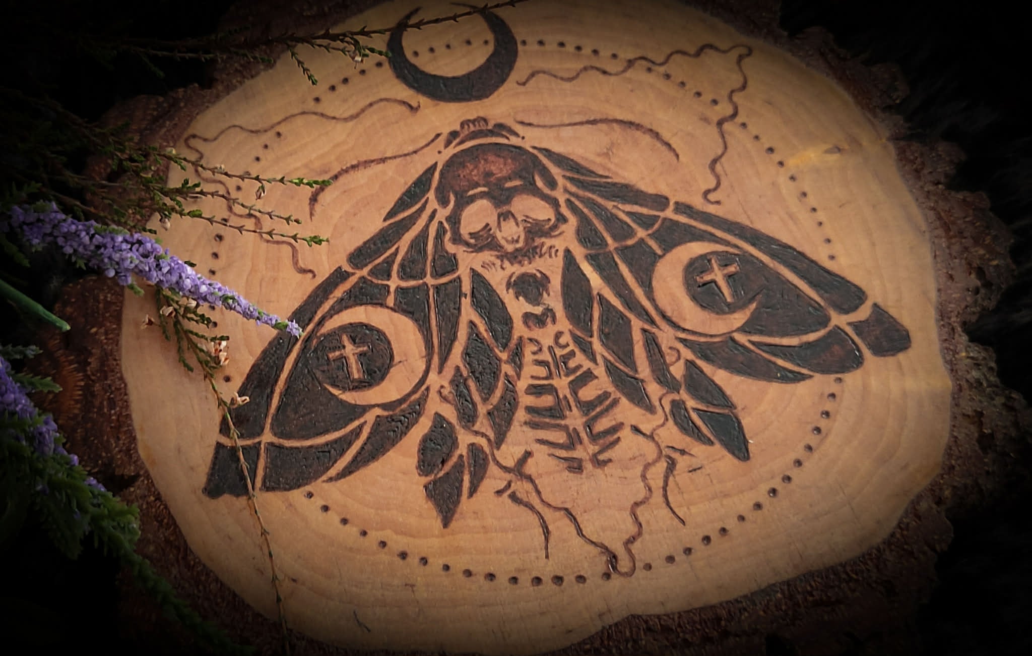 Handmade gothic pyrography on natural wood — custom occult, deity and witchcraft designs hand-burned to order, altar decor and ritual art