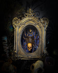 Handmade gothic shadowbox with real tarantula, hand-cast skull, crescent moon and tiger's eye, navy velvet | Morbid Oddities