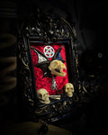 Crimson Ritual — handmade gothic wall relic, ready to ship. Real bat skull with hand-cast wings on crimson crushed velvet in black and gold frame with sculpted bat, ornamental skulls, wax rose and pentagram details. One-of-a-kind dark decor, 16x11cm.