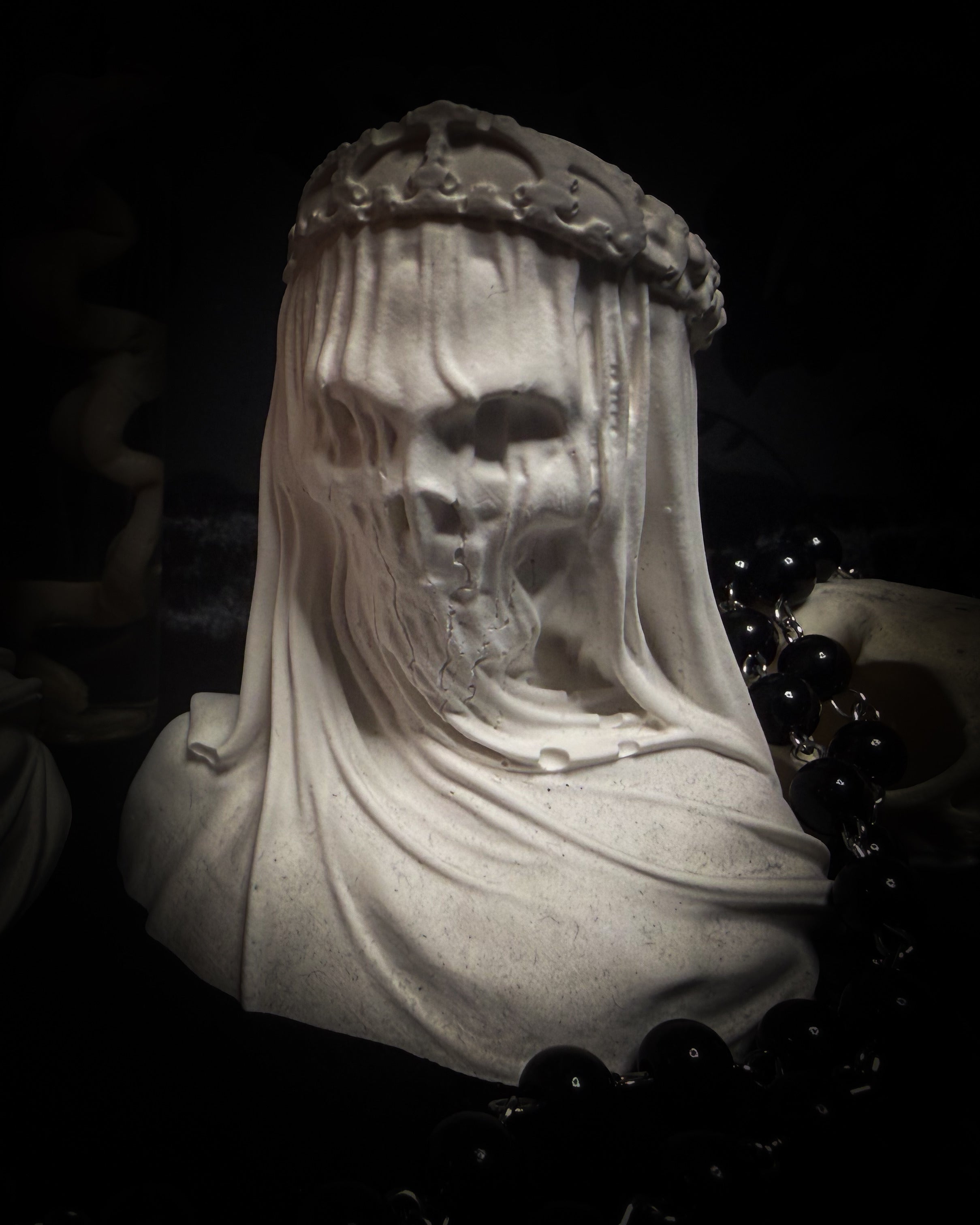 Handmade gothic veiled skull-faced female bust sculpture — stone-like finish, funerary-inspired aesthetic, made to order