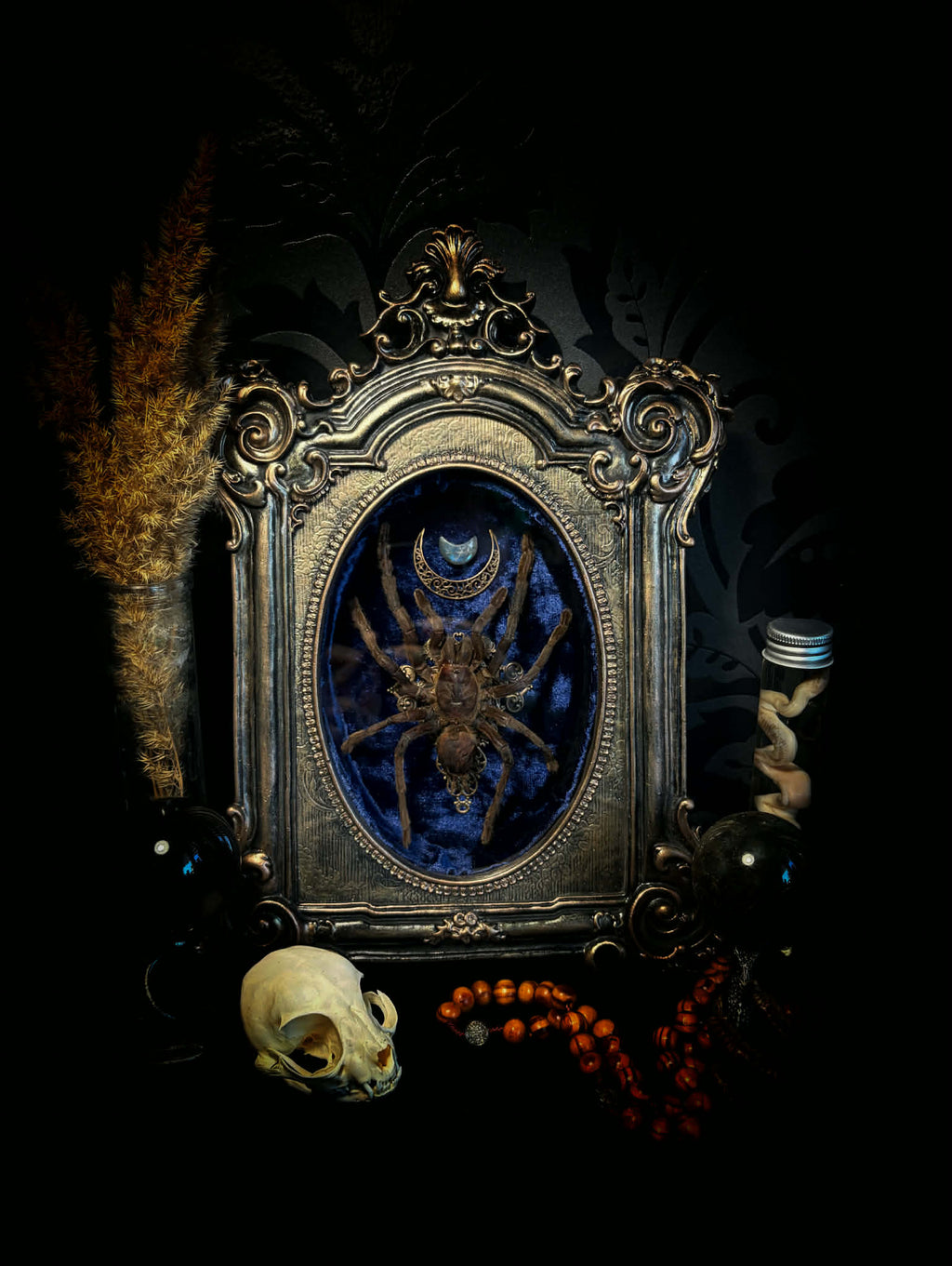 Sophistication — handmade gothic shadowbox, made to order. Real tarantula specimen on velvet background in ornate vintage-style frame with crystal accents and hand-finished metallic ornaments. Dark collectible wall decor, 22x30cm.