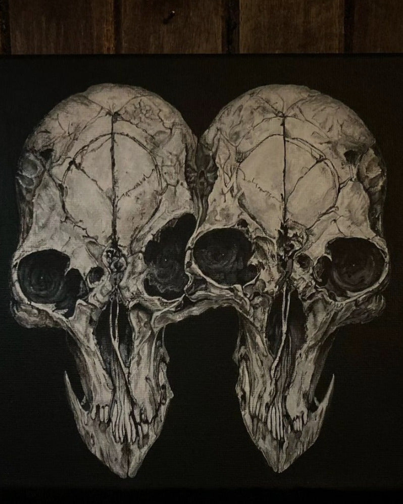 Custom Painting — hand-painted gothic skull and skeleton artwork, made to order. Realistic anatomical painting on canvas in handmade wooden frame, sealed with protective varnish. Original dark art commission by Morbid Oddities.

