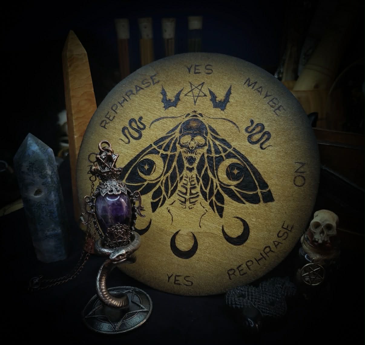 Handmade gothic pyrography pendulum board — moth sigil burned into natural wood, divination responses engraved, ritual tool, 16cm