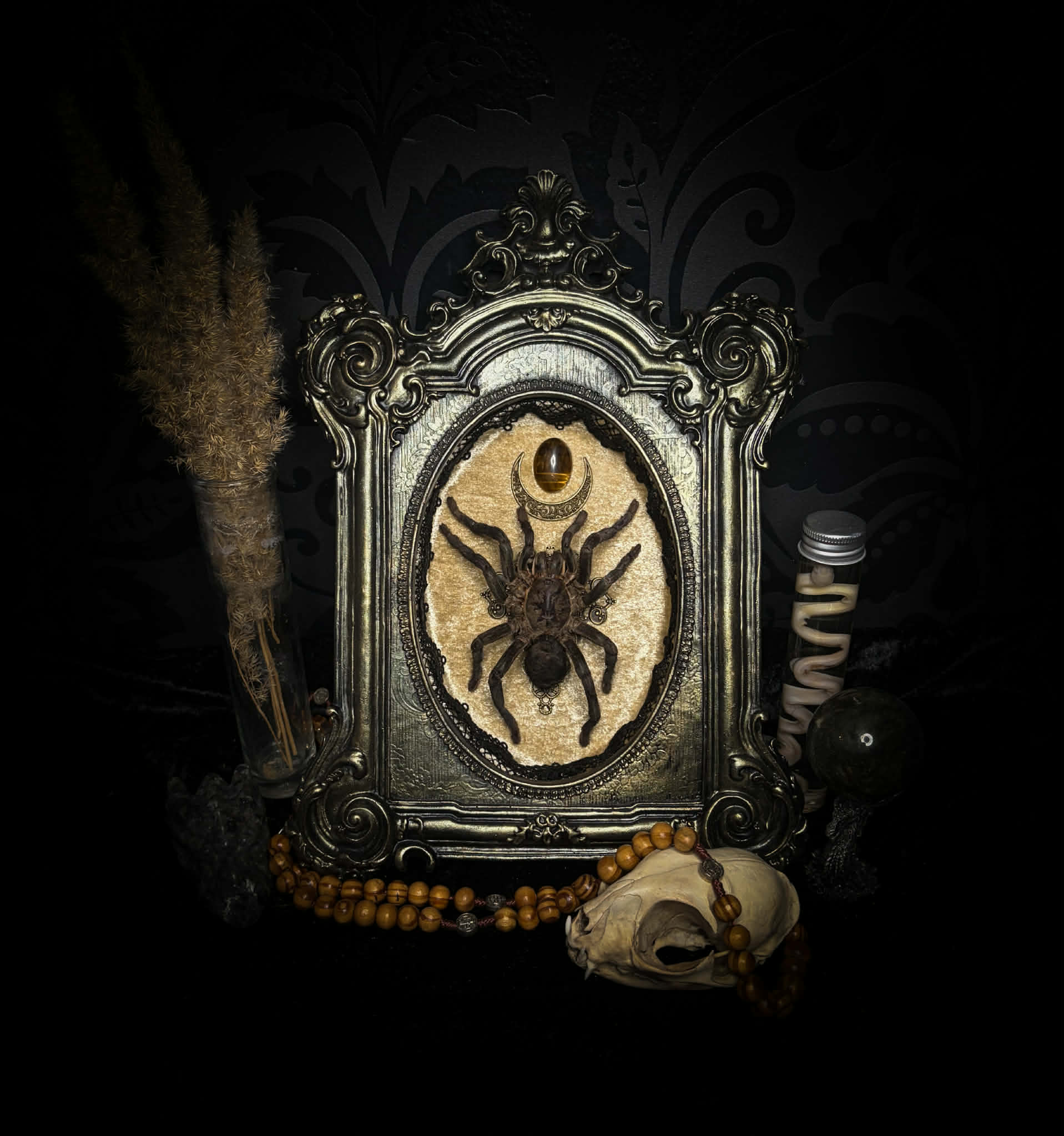 Sophistication — handmade gothic shadowbox, made to order. Real tarantula specimen on velvet background in ornate vintage-style frame with crystal accents and hand-finished metallic ornaments. Dark collectible wall decor, 22x30cm.