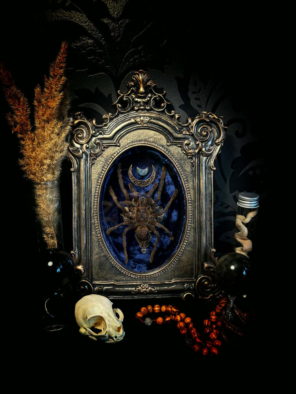 Sophistication — handmade gothic shadowbox, made to order. Real tarantula specimen on velvet background in ornate vintage-style frame with crystal accents and hand-finished metallic ornaments. Dark collectible wall decor, 22x30cm.