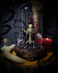 Key-keeper | Gothic — handmade gothic display with real mouse skeleton, ornamented key, miniature tombstone, preserved florals and Latin inscription plaque under glass dome on hand-painted wooden base, 17.5x11cm