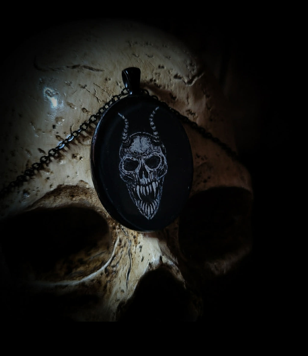 Handmade gothic necklace — hand-painted horned skull, oval resin pendant with metal frame and chain