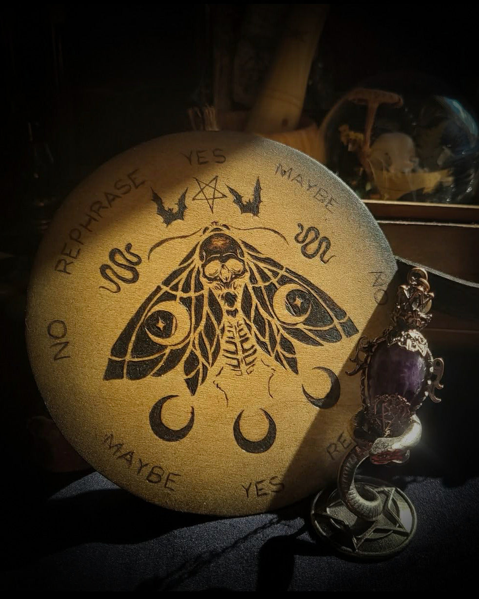 Handmade gothic pyrography pendulum board — moth sigil burned into natural wood, divination responses engraved, ritual tool, 16cm