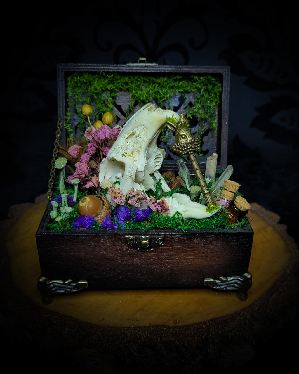 Wonderland | Witches — handmade gothic decor with real bunny skull, preserved moss, florals, lichens, glass vials with crystal shards and ornamental key in hand-painted wooden box, dark Wonderland aesthetic, 11.5x10cm