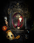 Corvus Rex | handmade gothic shadowbox with real crow skull, raven feathers, obsidian crow figurine, miniature skulls, crow foot, hand-cast painted baroque frame, hand-cut glass and burgundy velvet | Morbid Oddities
