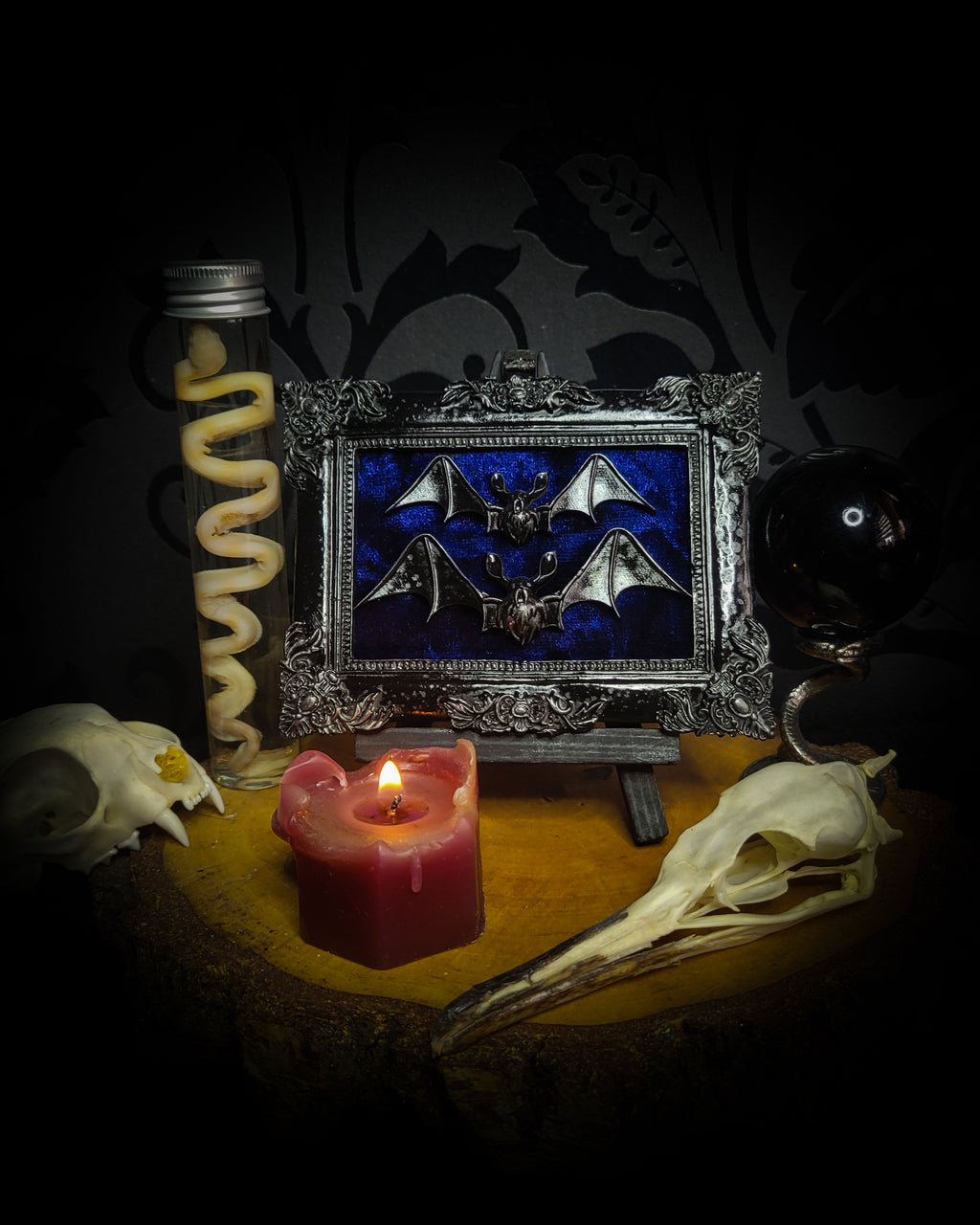 Nox Caelestis — handmade gothic shadowbox, made to order. Detailed handcrafted bat set in ornate decorative frame on deep blue velvet background. Nocturnal gothic wall decor, 12x9.5cm.