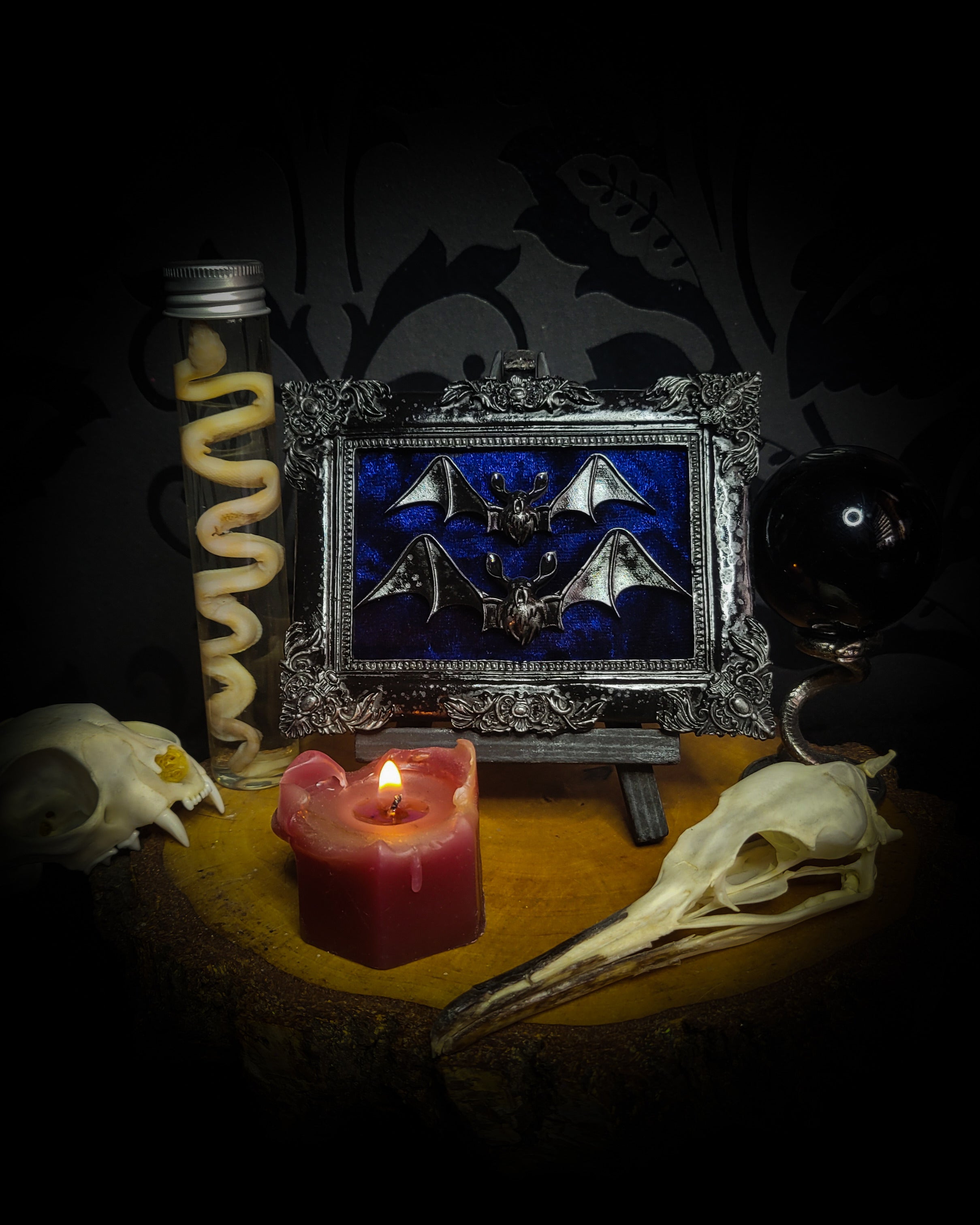 Nox Caelestis — handmade gothic shadowbox, made to order. Detailed handcrafted bat set in ornate decorative frame on deep blue velvet background. Nocturnal gothic wall decor, 12x9.5cm.