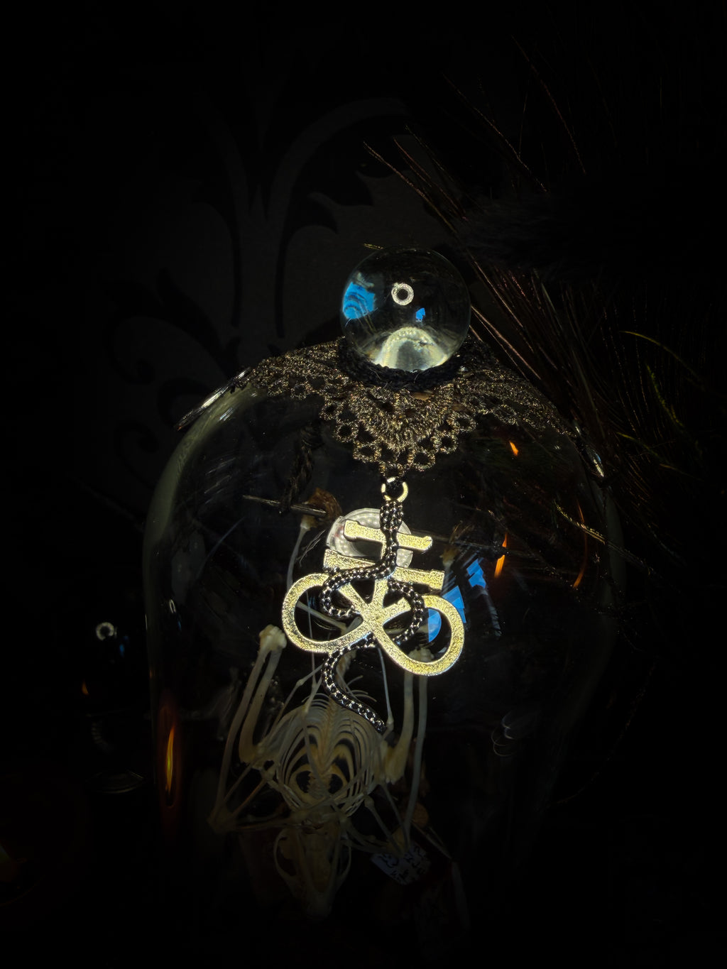 Handmade gothic occult display — bat skeleton in glass dome with Leviathan sigil, cemetery vignette with ouija board and necromancer book, 12x24cm