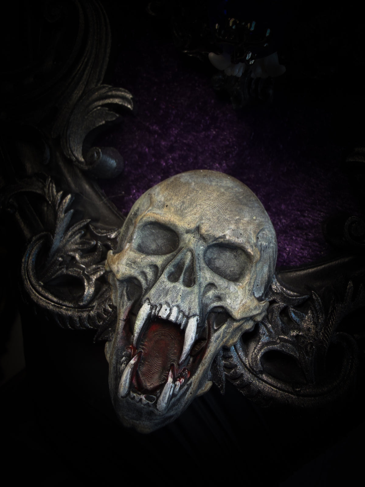 Handmade gothic wall decor with real mink skull, hand-cast bat wings, purple velvet and silver frame — Sepharius by Morbid Oddities