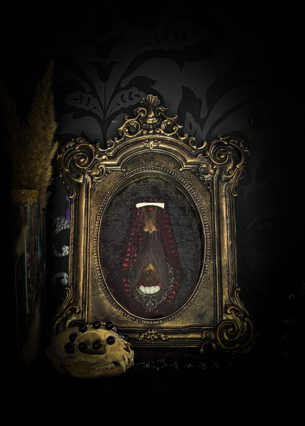 Noctis Reliquary — handmade gothic bat shadowbox, preserved bat specimen, baroque frame, aged gold finish, red velvet, one of a kind, Morbid Oddities
