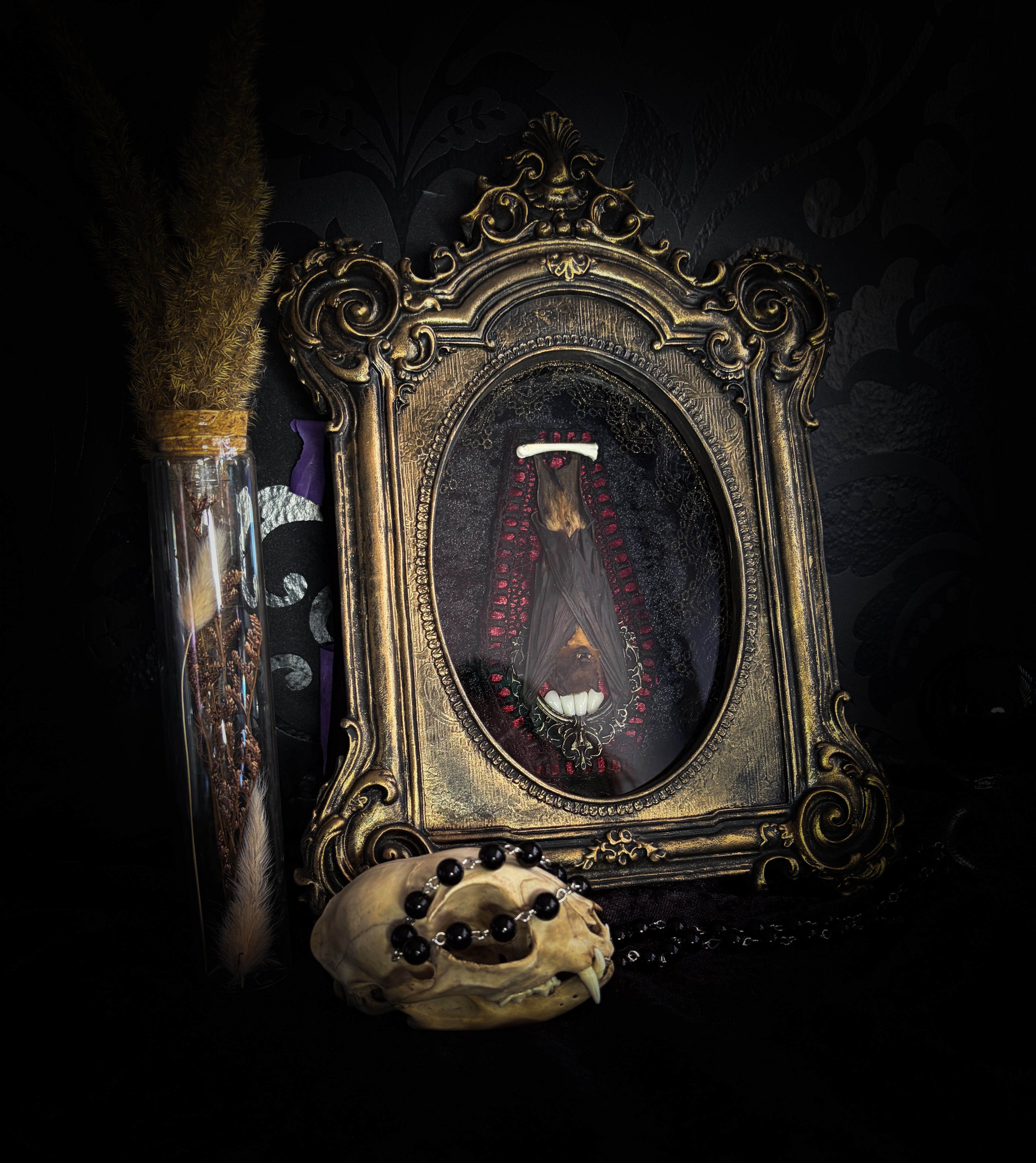 Noctis Reliquary — handmade gothic bat shadowbox, preserved bat specimen, baroque frame, aged gold finish, red velvet, one of a kind, Morbid Oddities
