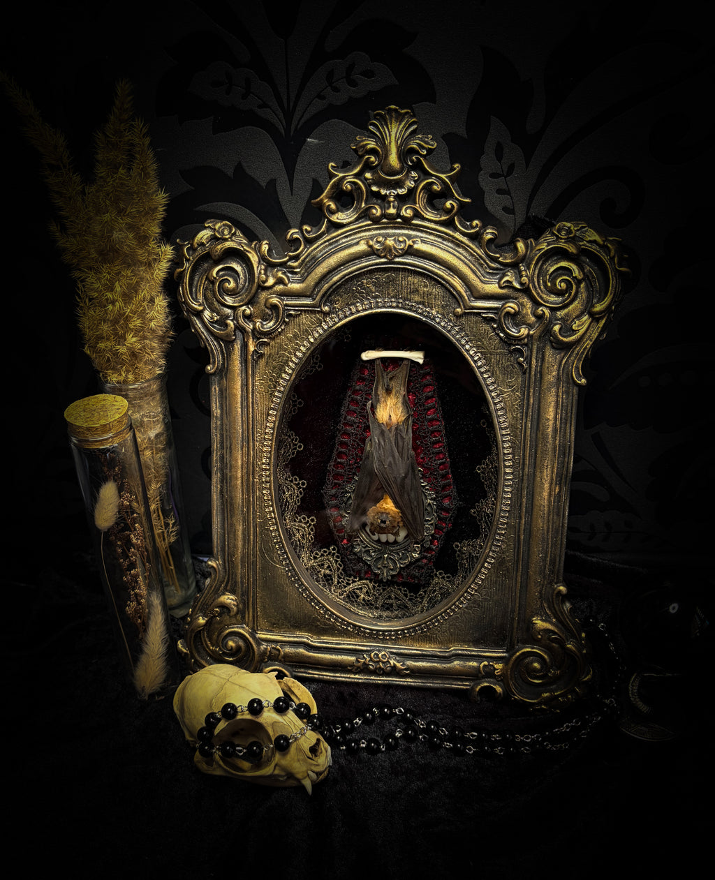 Noctis Reliquary — handmade gothic bat shadowbox, preserved bat specimen, baroque frame, aged gold finish, red velvet, one of a kind, Morbid Oddities
