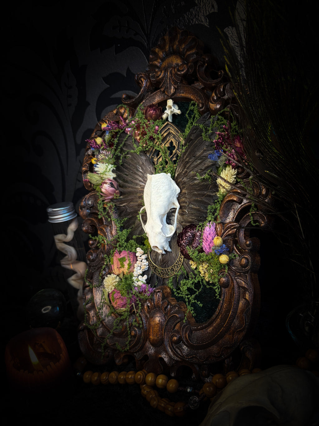 The Verdant Shrine | Whimsical — handmade gothic frame with mink skull, preserved bird wings, moss and dried flowers
