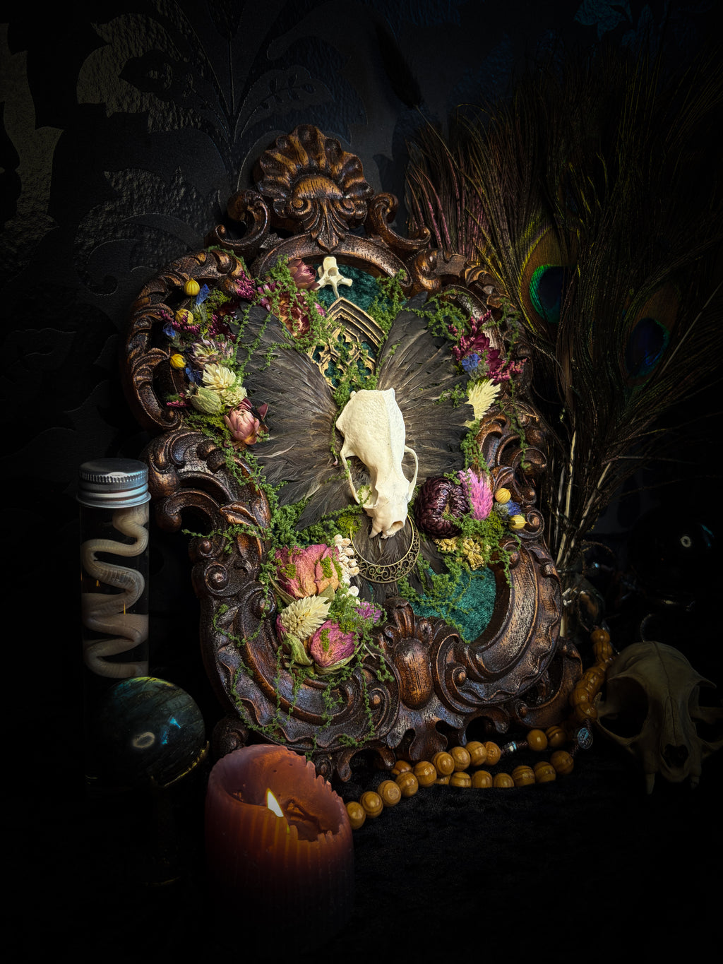 The Verdant Shrine | Whimsical — handmade gothic frame with mink skull, preserved bird wings, moss and dried flowers