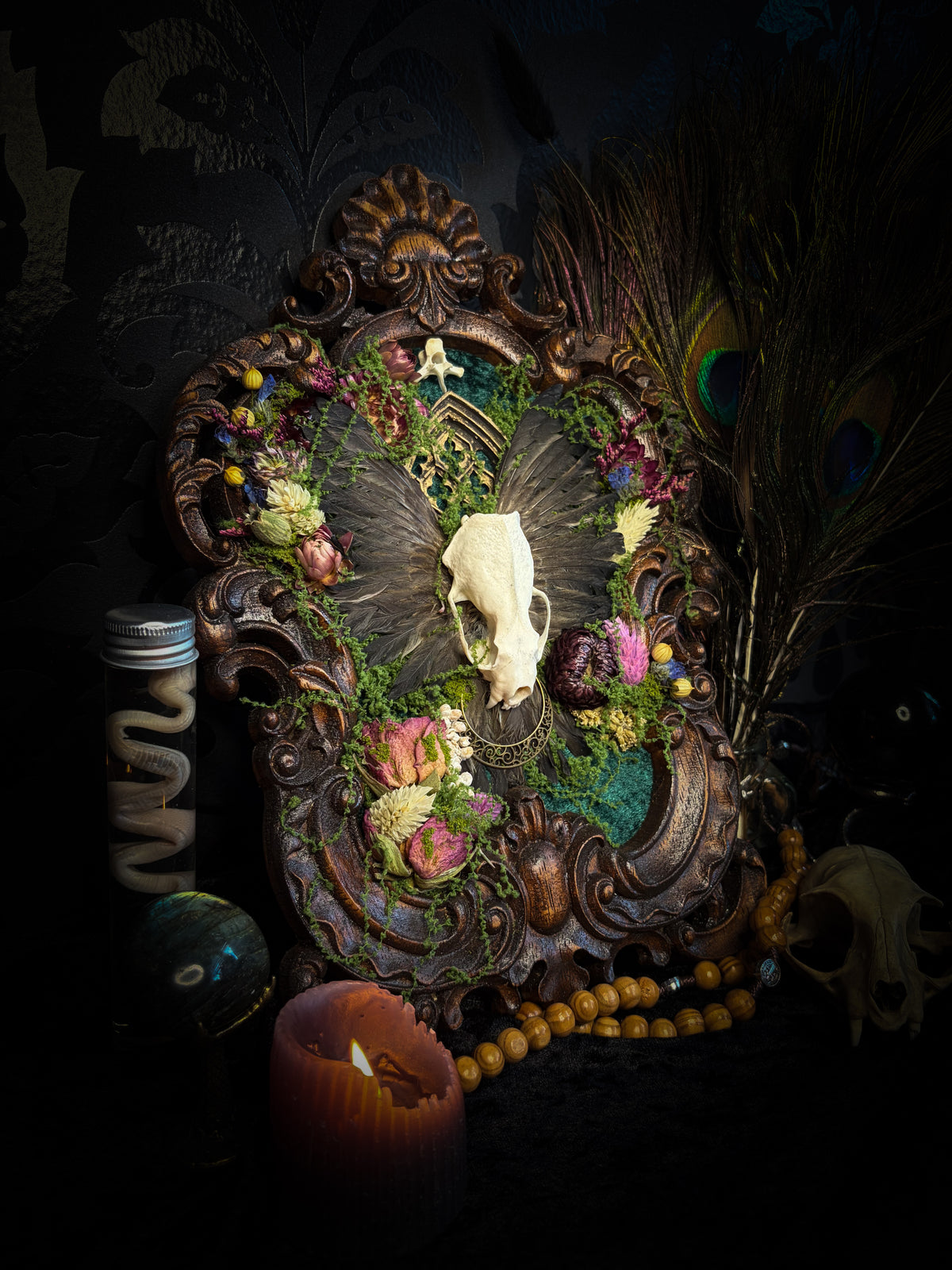 The Verdant Shrine | Whimsical — handmade gothic frame with mink skull, preserved bird wings, moss and dried flowers