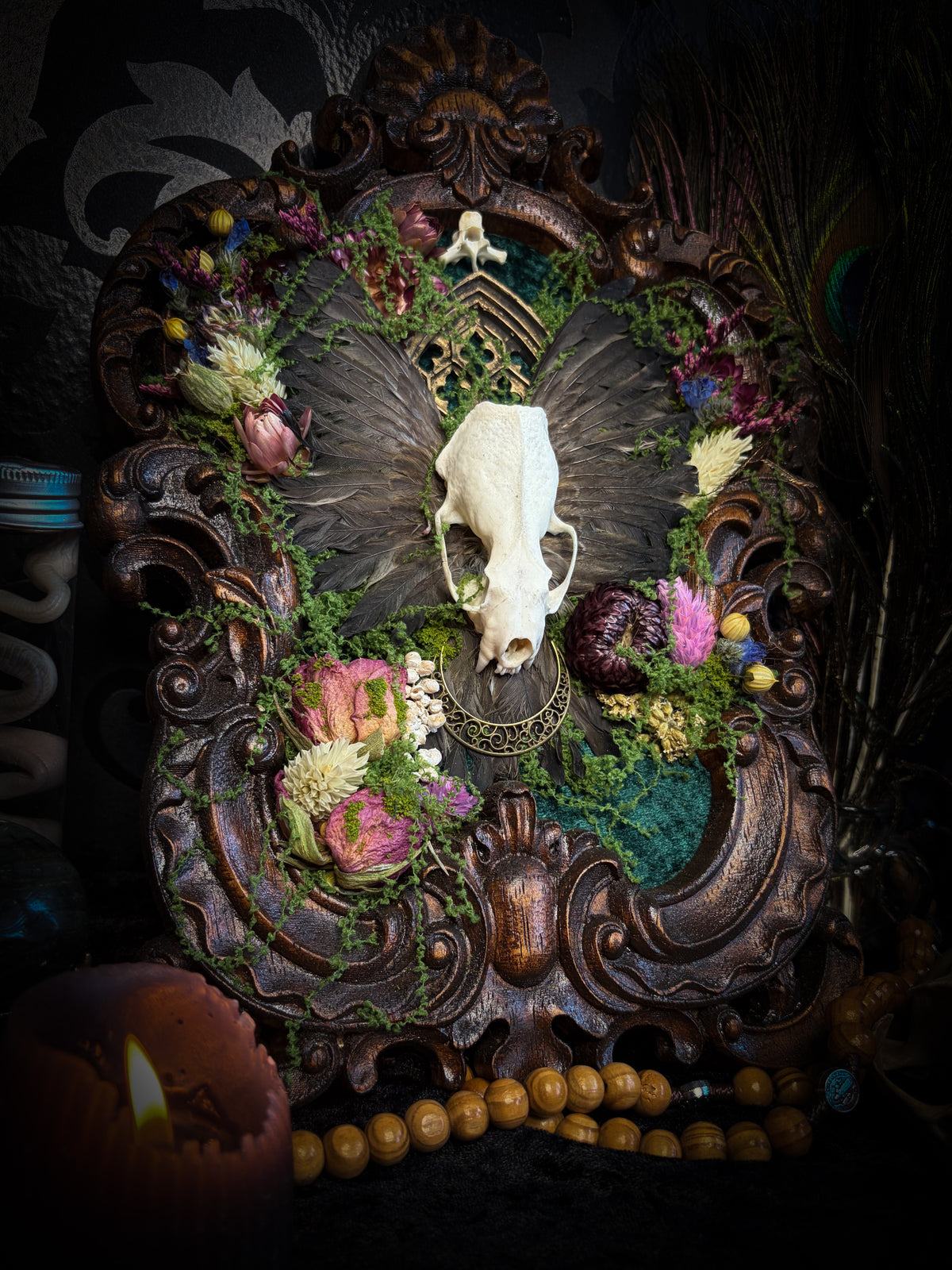 The Verdant Shrine | Whimsical — handmade gothic frame with mink skull, preserved bird wings, moss and dried flowers