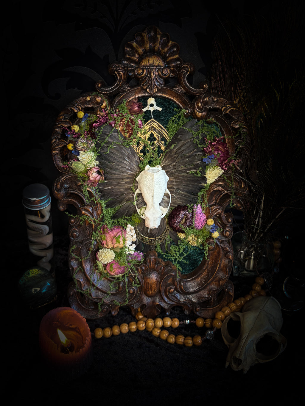 The Verdant Shrine | Whimsical — handmade gothic frame with mink skull, preserved bird wings, moss and dried flowers