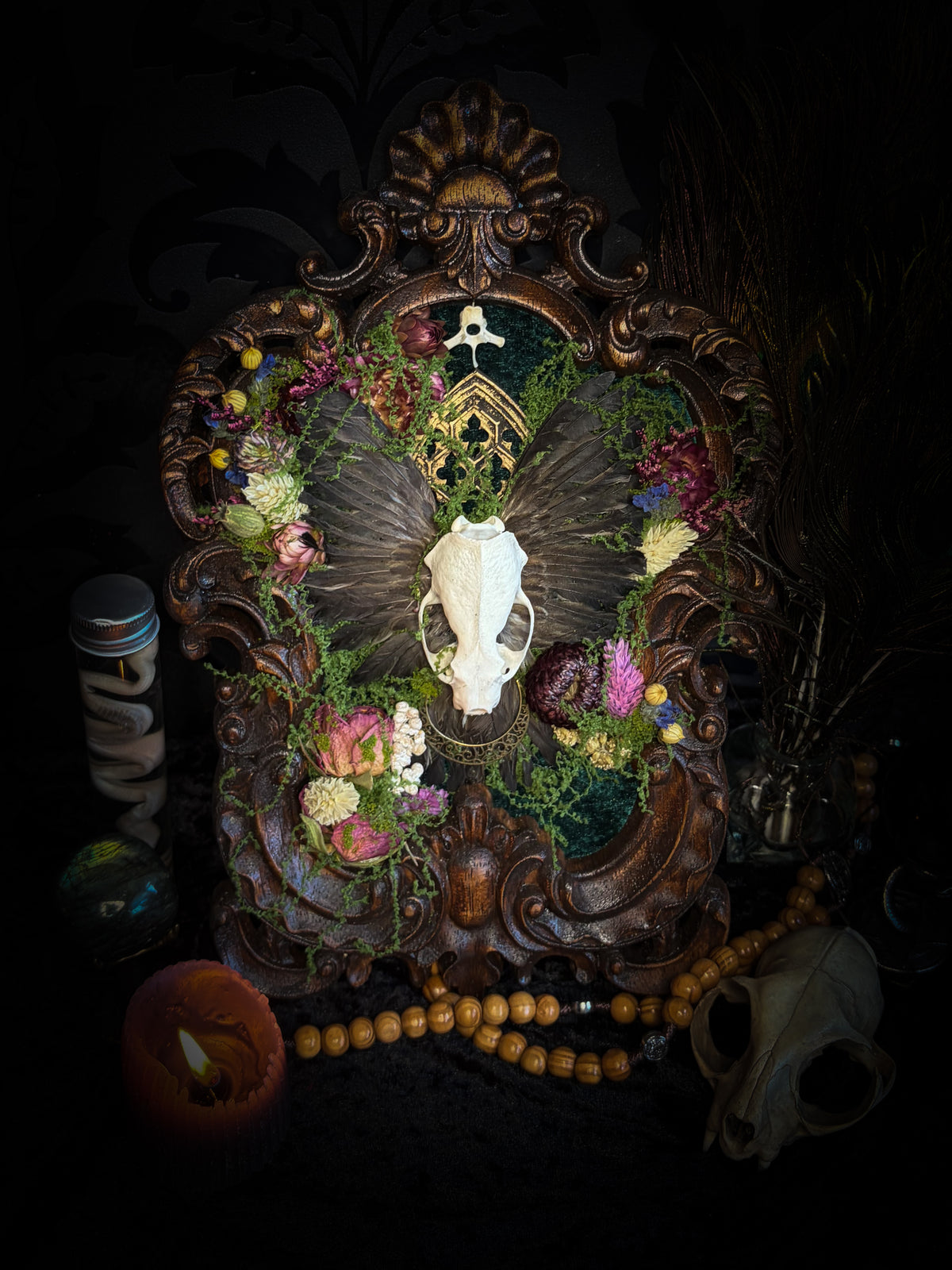 The Verdant Shrine | Whimsical — handmade gothic frame with mink skull, preserved bird wings, moss and dried flowers