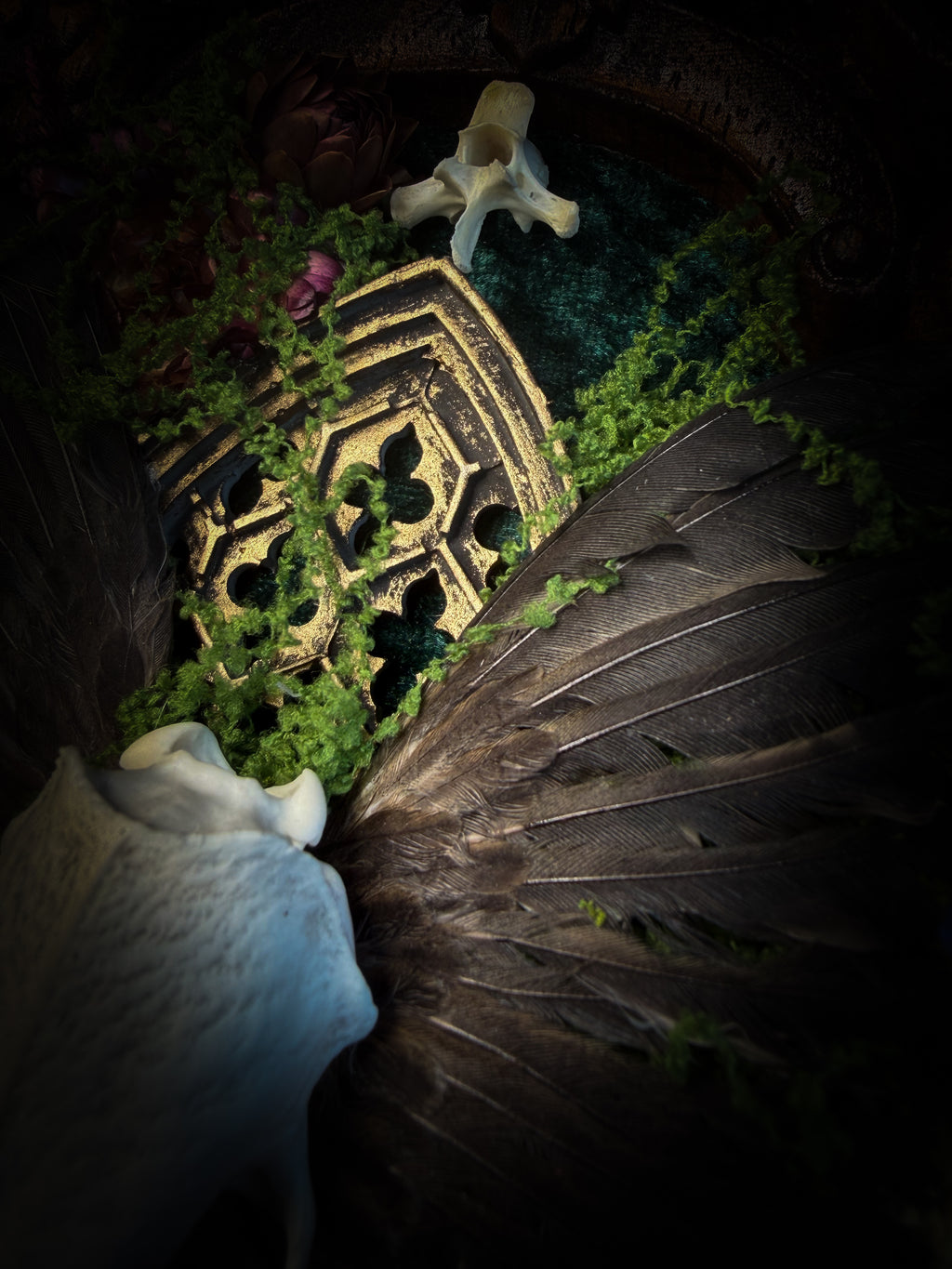 The Verdant Shrine | Whimsical — handmade gothic frame with mink skull, preserved bird wings, moss and dried flowers