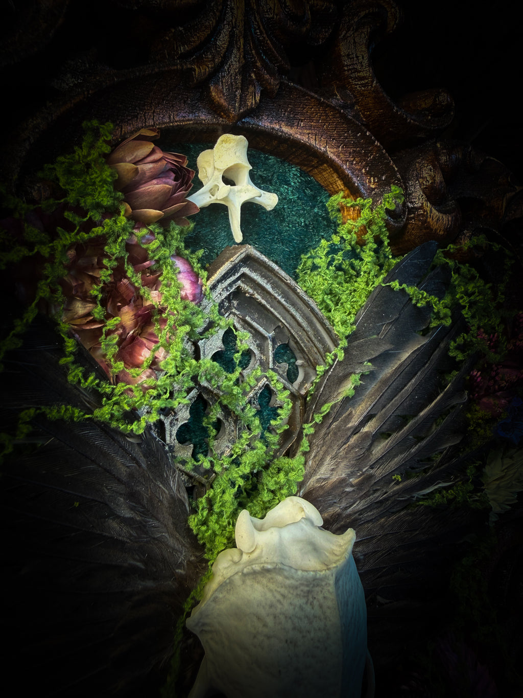 The Verdant Shrine | Whimsical — handmade gothic frame with mink skull, preserved bird wings, moss and dried flowers
