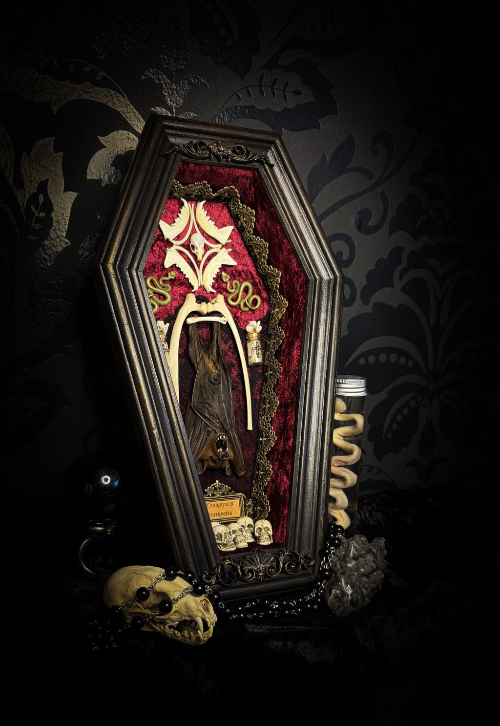 Bat Wooden Coffins — handmade gothic coffin shadowbox, made to order. Handbuilt wooden coffin frame with bat specimen, velvet background, ornate decorations and ritual details. Dark gothic wall and altar decor, made from scratch.
