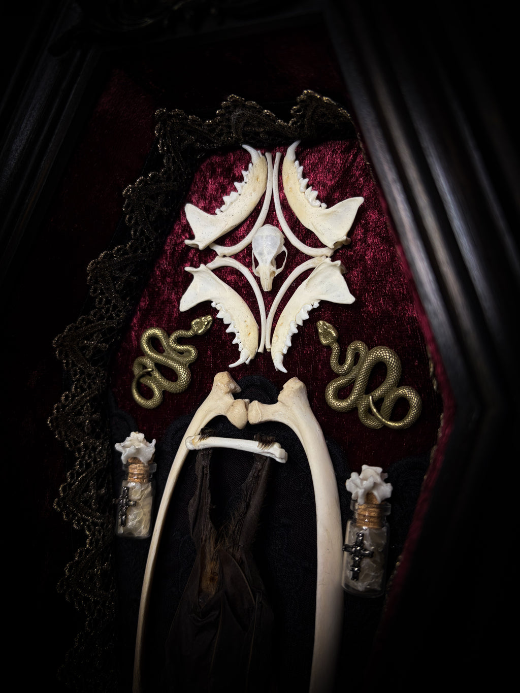Bat Wooden Coffins — handmade gothic coffin shadowbox, made to order. Handbuilt wooden coffin frame with bat specimen, velvet background, ornate decorations and ritual details. Dark gothic wall and altar decor, made from scratch.