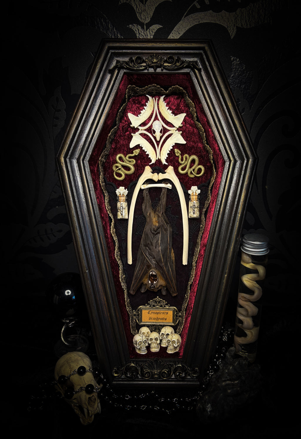 Bat Wooden Coffins — handmade gothic coffin shadowbox, made to order. Handbuilt wooden coffin frame with bat specimen, velvet background, ornate decorations and ritual details. Dark gothic wall and altar decor, made from scratch.
