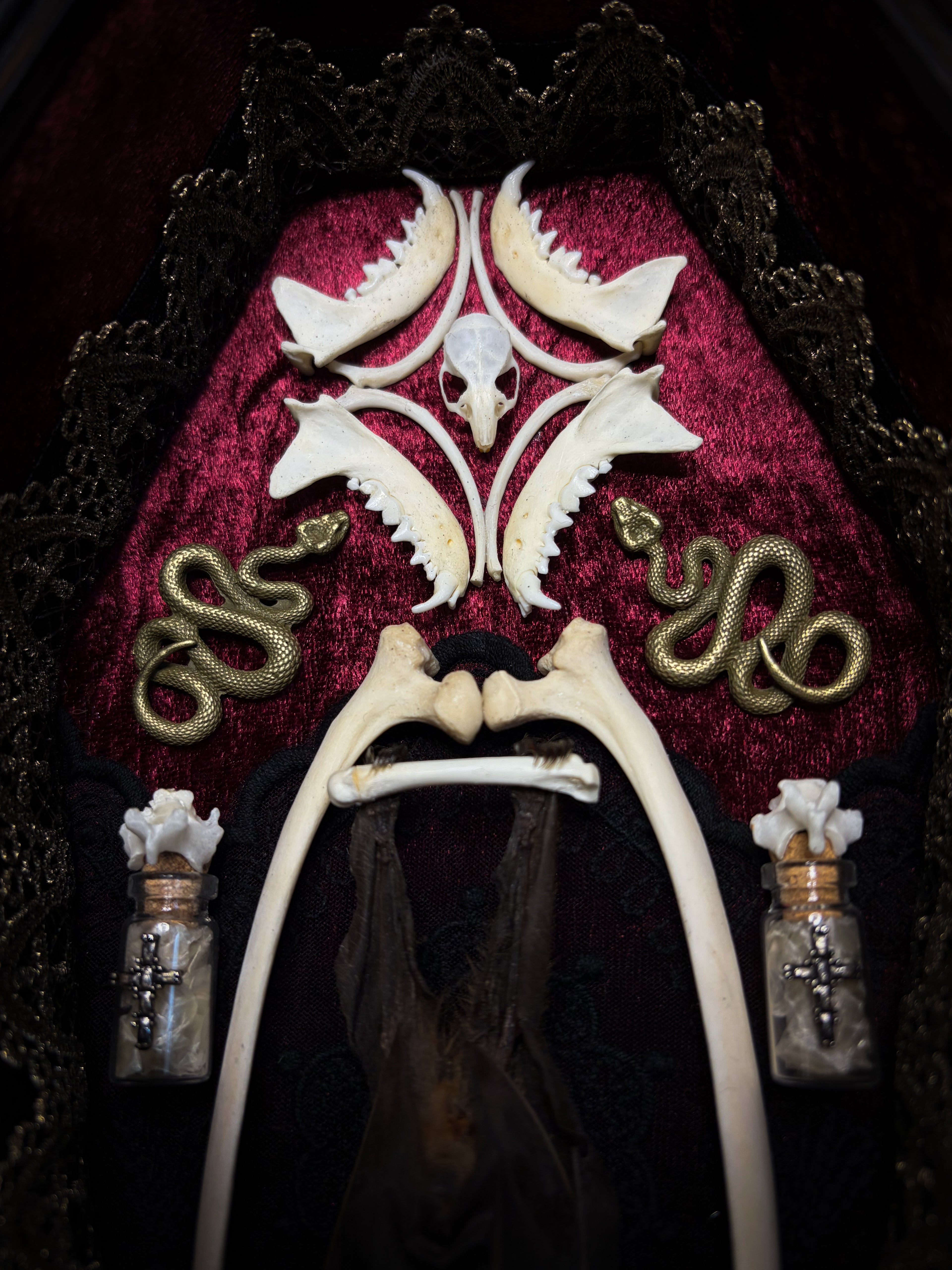 Bat Wooden Coffins — handmade gothic coffin shadowbox, made to order. Handbuilt wooden coffin frame with bat specimen, velvet background, ornate decorations and ritual details. Dark gothic wall and altar decor, made from scratch.