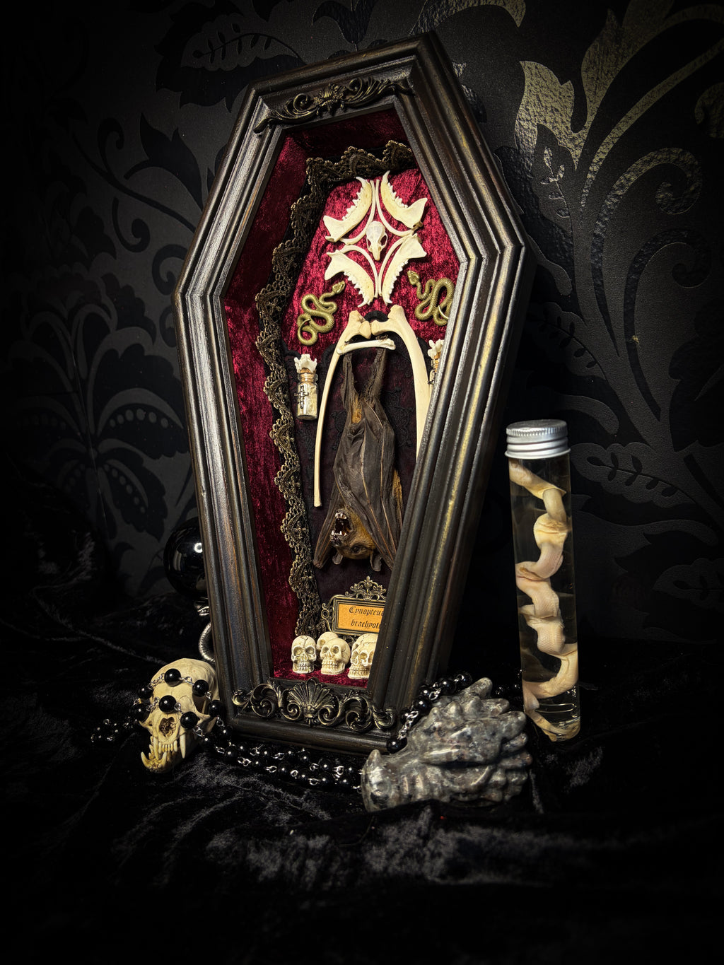 Bat Wooden Coffins — handmade gothic coffin shadowbox, made to order. Handbuilt wooden coffin frame with bat specimen, velvet background, ornate decorations and ritual details. Dark gothic wall and altar decor, made from scratch.